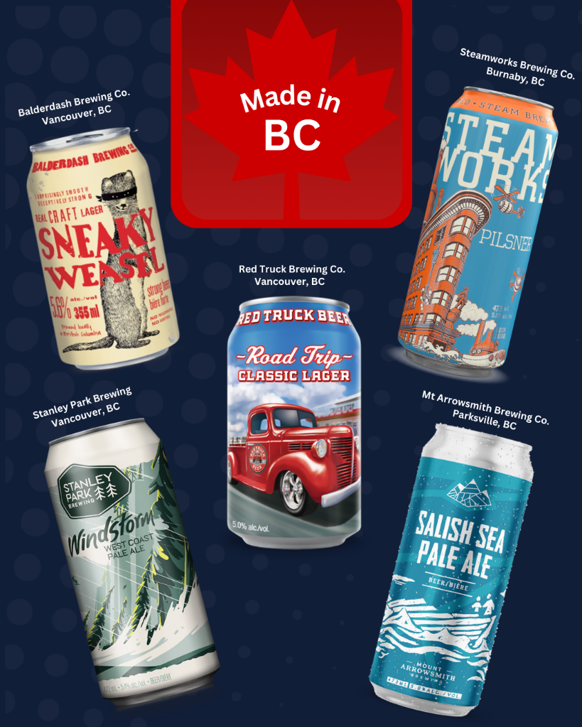 BC made beers, Sneaky Weasel, Steamworks Brewing, Stanley Park, Red Truck Brewing, Mt Arrowsmith